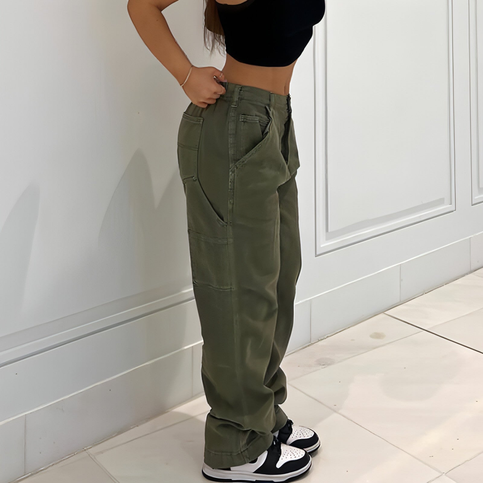 Carmine Juneberry CargoMuse™ high waist straight-leg utility jeans for women in green, showcasing a casual, functional design.
