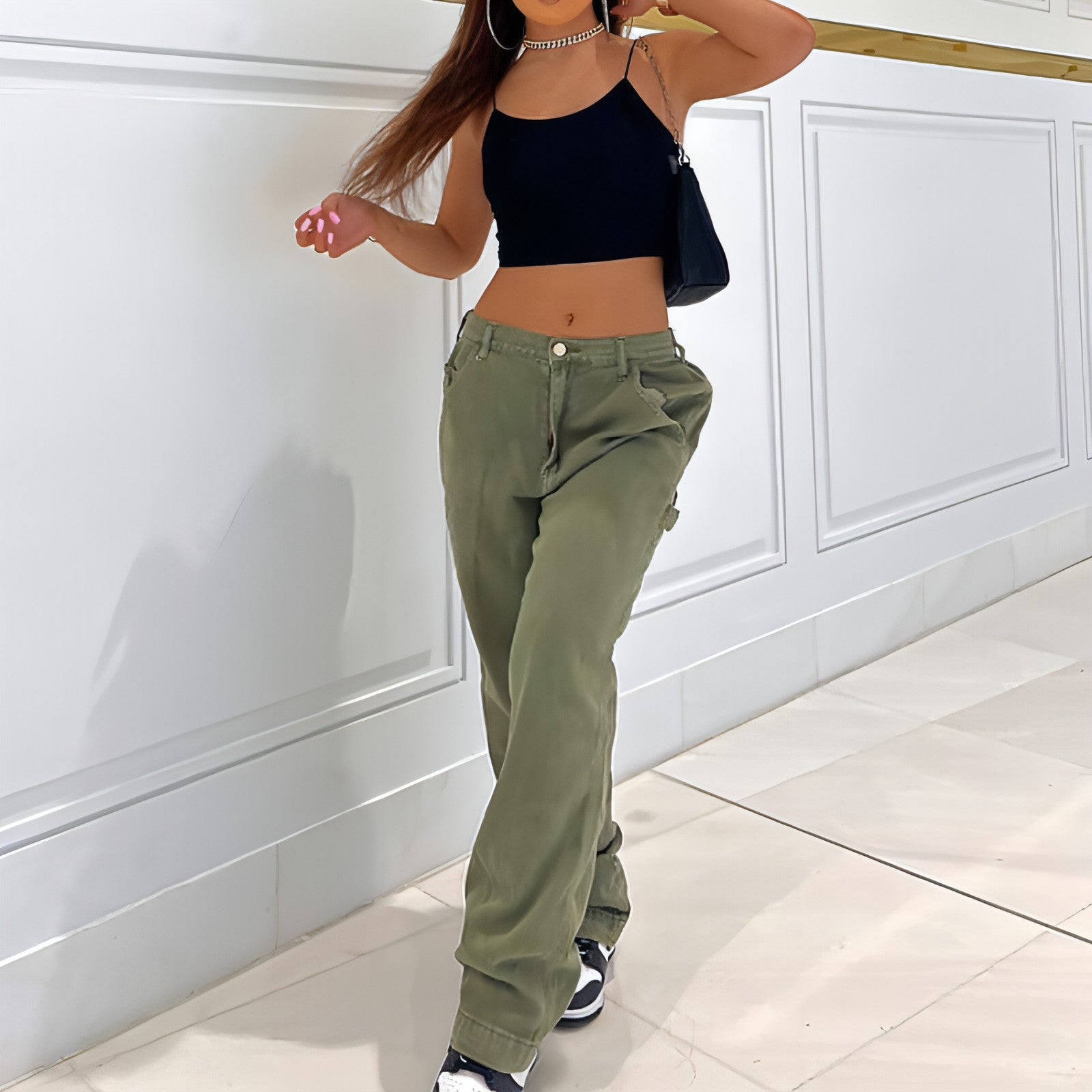 Carmine Juneberry CargoMuse™ high waist straight-leg utility jeans for women in green, showcasing their relaxed fit and functional design.