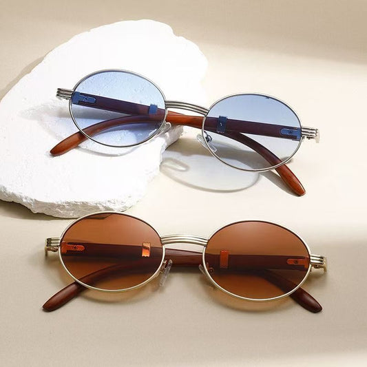 Metal Oval-frame Sunglasses With A Wood-grain Finish