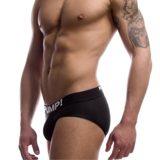 Black and white men's cotton mesh briefs from Agate, showcasing the comfortable and breathable underwear design.