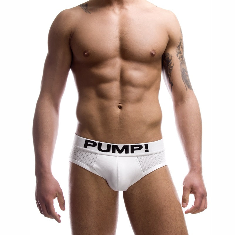 Black and white men's cotton mesh briefs by Agate, showing the comfortable, breathable underwear with a snug fit.