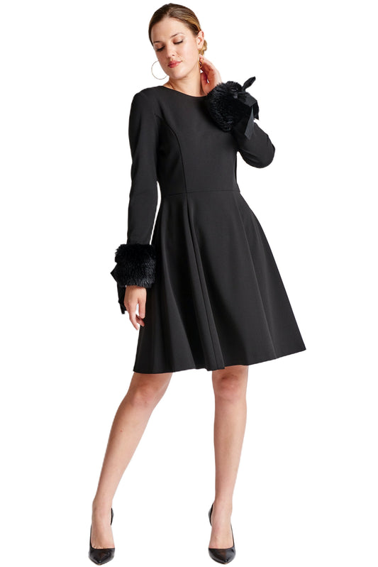 Caroline Dress - Long Sleeve Fit & Flare Black Dress with Faux Fur Peach Dionysus