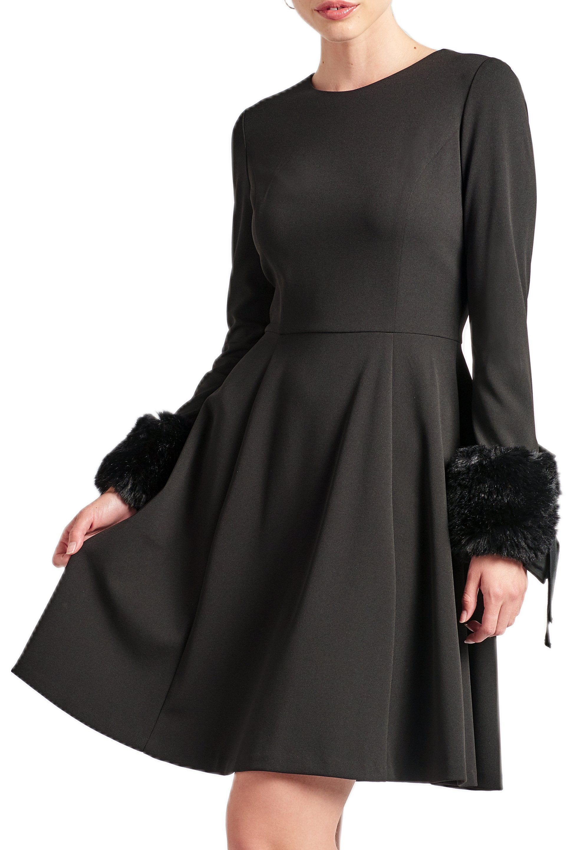 Caroline Dress - Long Sleeve Fit & Flare Black Dress with Faux Fur Peach Dionysus