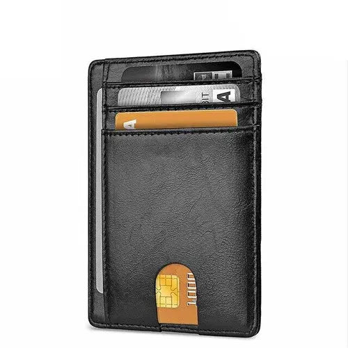 Red men's leather slim wallet with RFID blocking credit card holder and pocket ID, by Puce Gaia, designed for secure tech accessories.