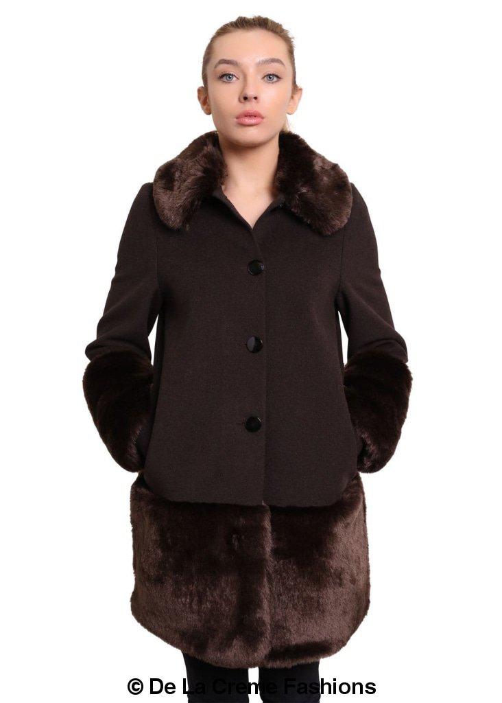 De La Creme - Womens Faux Fur Trim Wool Mix Coat Rose Eleusis