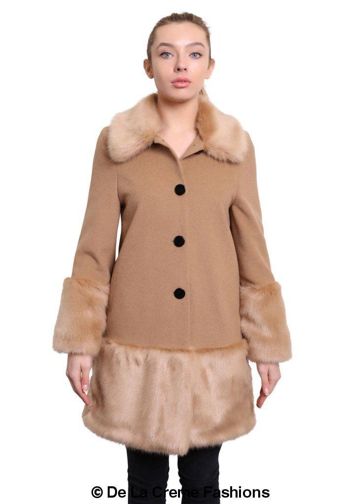 De La Creme - Womens Faux Fur Trim Wool Mix Coat Rose Eleusis