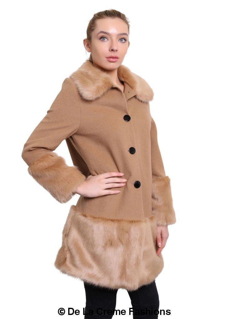 De La Creme - Womens Faux Fur Trim Wool Mix Coat Rose Eleusis