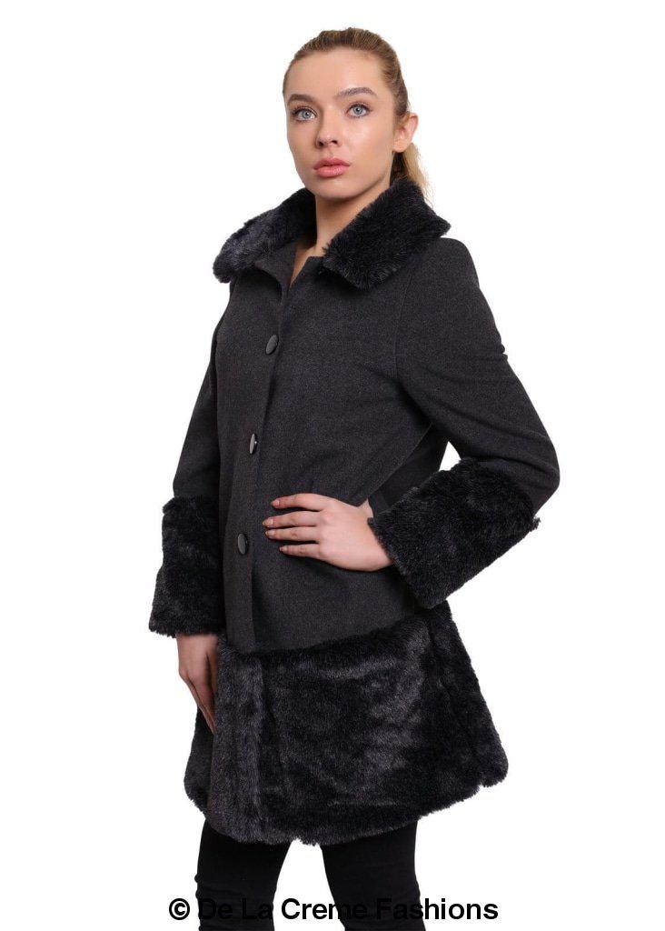 De La Creme - Womens Faux Fur Trim Wool Mix Coat Rose Eleusis