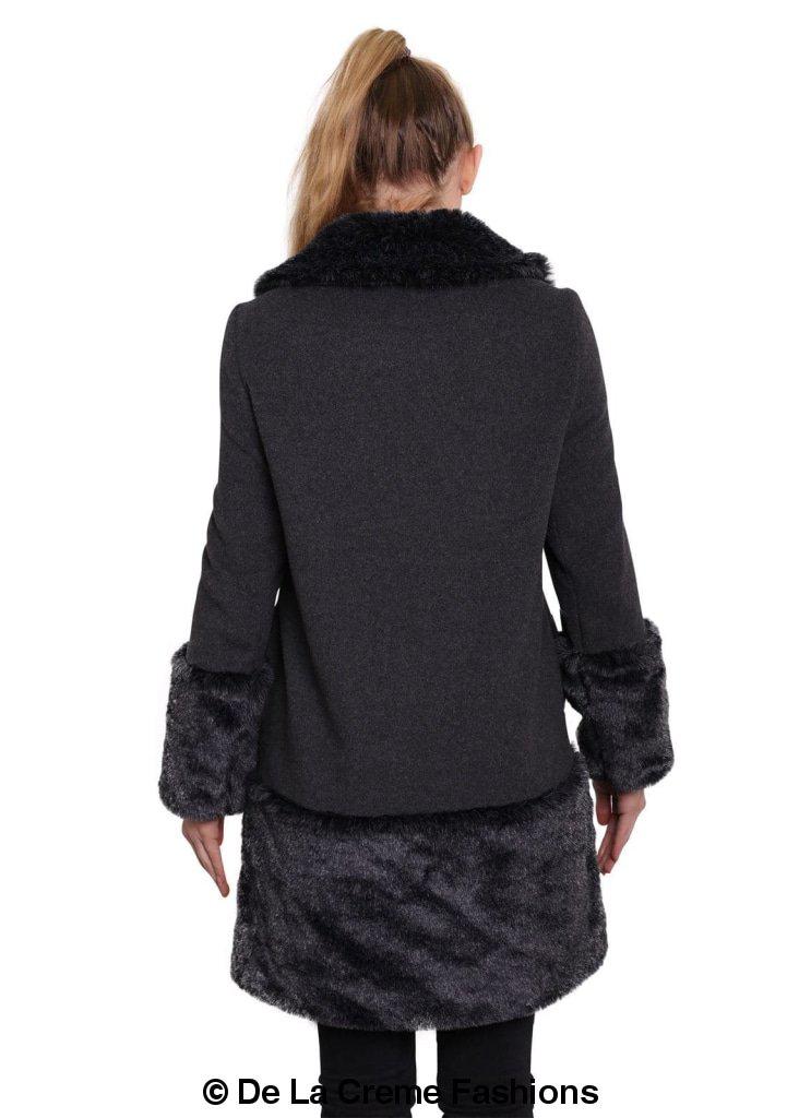 De La Creme - Womens Faux Fur Trim Wool Mix Coat Rose Eleusis