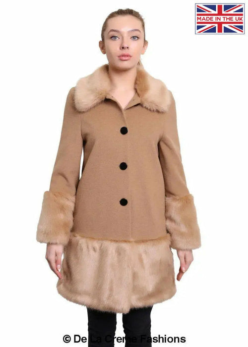 De La Creme - Womens Faux Fur Trim Wool Mix Coat Rose Eleusis