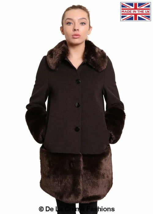 De La Creme - Womens Faux Fur Trim Wool Mix Coat Rose Eleusis