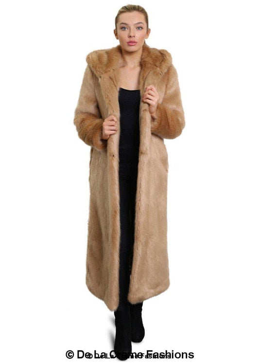 De La Creme - Womens Iconic Faux Fur Hooded Long Coat Rose Eleusis