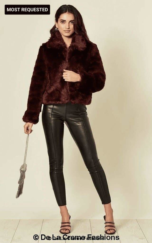 De La Creme Womens Faux Fur Cropped Aviator Bomber Rose Eleusis