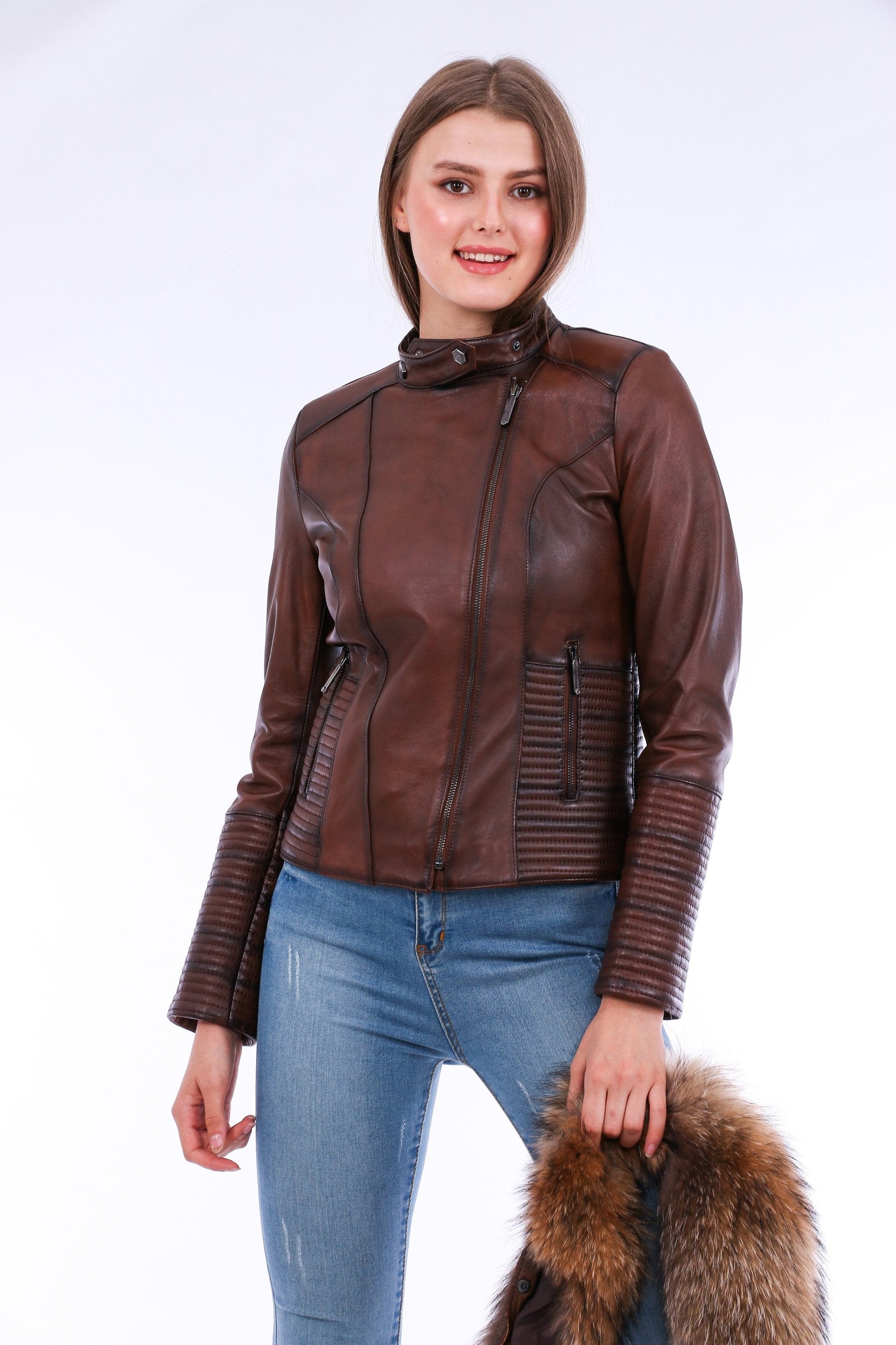 Ravenna Leather Biker Jacket - Brown Sangria Iapetus