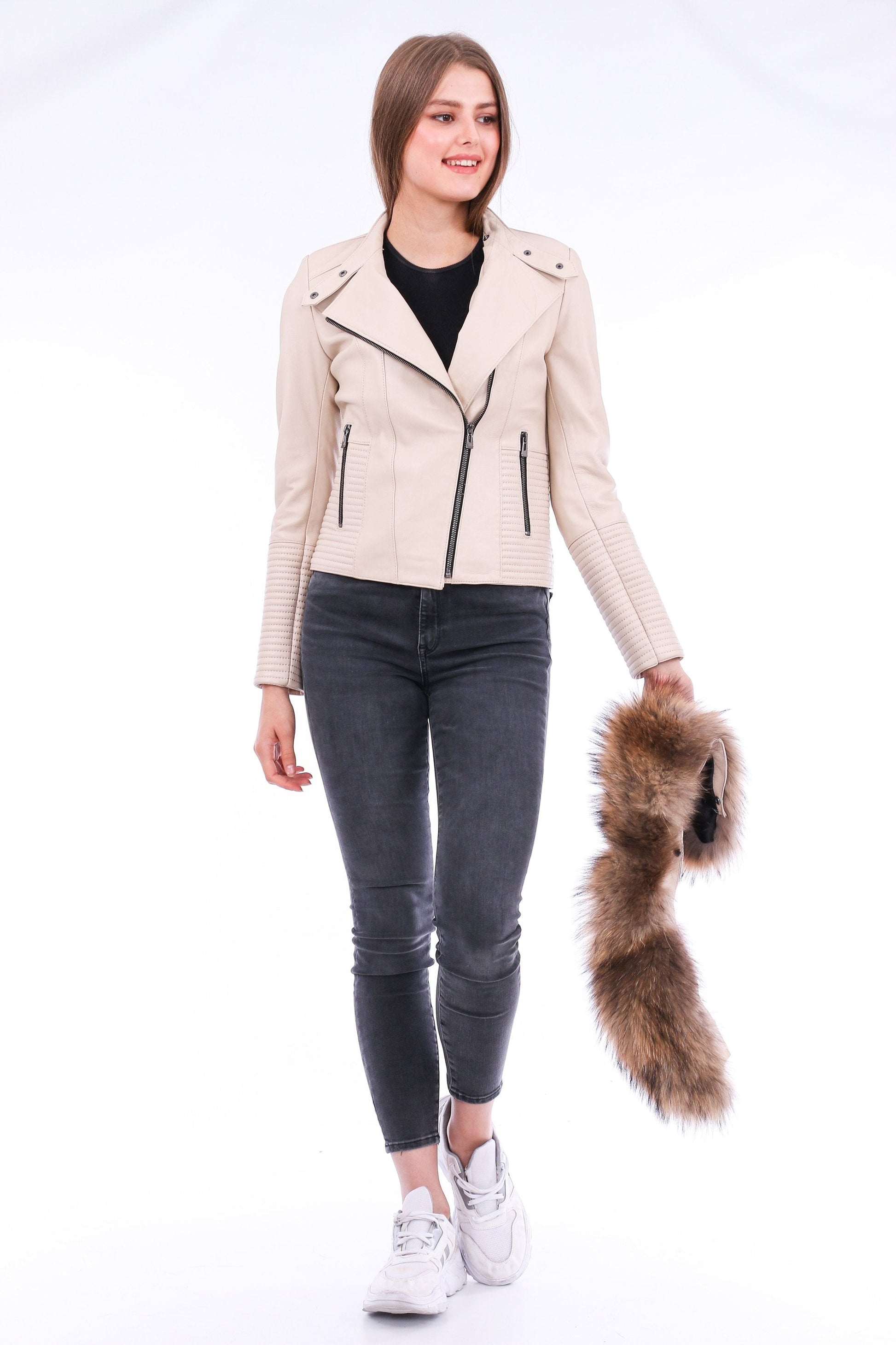 Ravenna Leather Biker Jacket - White Sangria Iapetus