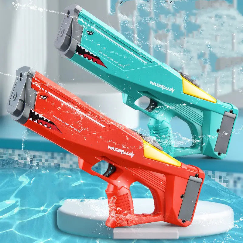 Red electric water gun toy for kids by Trendsi, shaped like a shark, designed for outdoor water fights and summer pool parties.