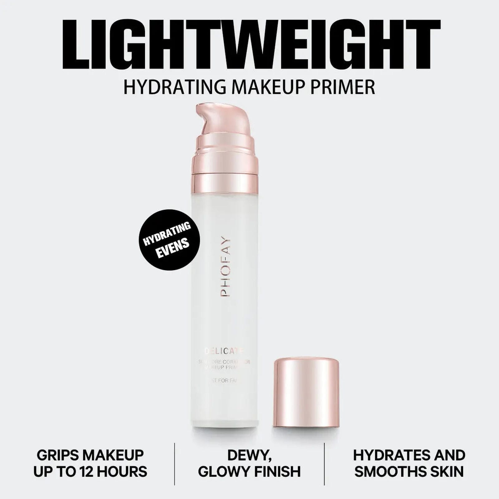 Two bottles of PHOFAY Hydrating Makeup Primer by Trendsi, clear and moisturizing primer for smooth skin, shown in the image.