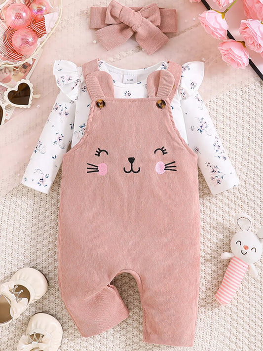 Children's floral print ruffle trim top, corduroy overalls, and headband set by Trendsi for infants, featuring adorable floral and ruffle details.