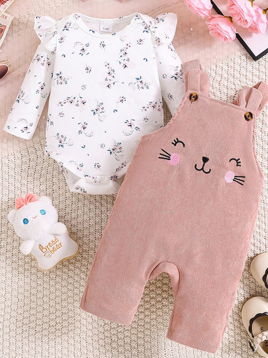 Children's floral print ruffle trim top, corduroy overalls, and headband set by Trendsi, featuring adorable baby clothing in apricot color.