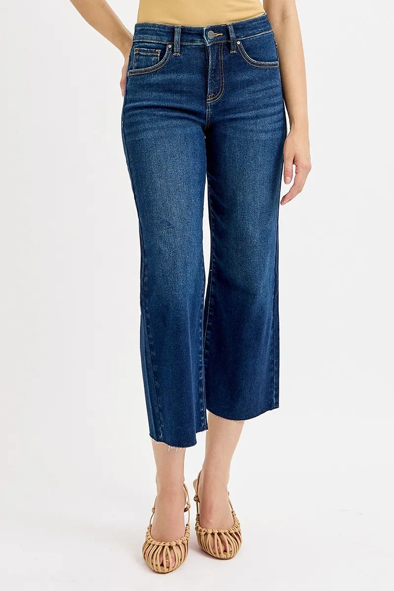 Dark wash Risen high-rise crop wide jeans with tummy control, plus size, featuring a fitted waist and relaxed wide-leg style.