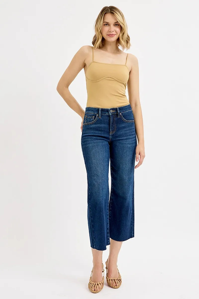 Dark wash Risen full-size tummy control high-rise crop wide jeans from Trendsi, featuring a comfortable fit and stylish wide-leg design.