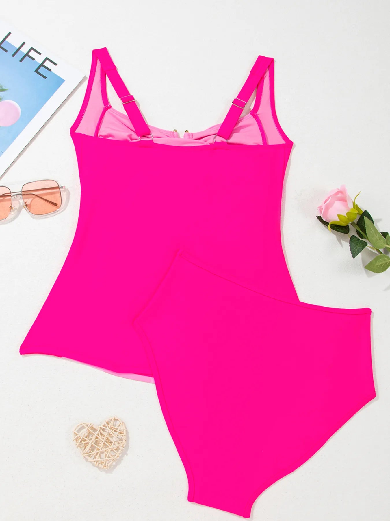 Fuchsia pink ruched tummy control tankini 2-piece swimsuit by Trendsi, featuring supportive top and matching bottom for beachwear.