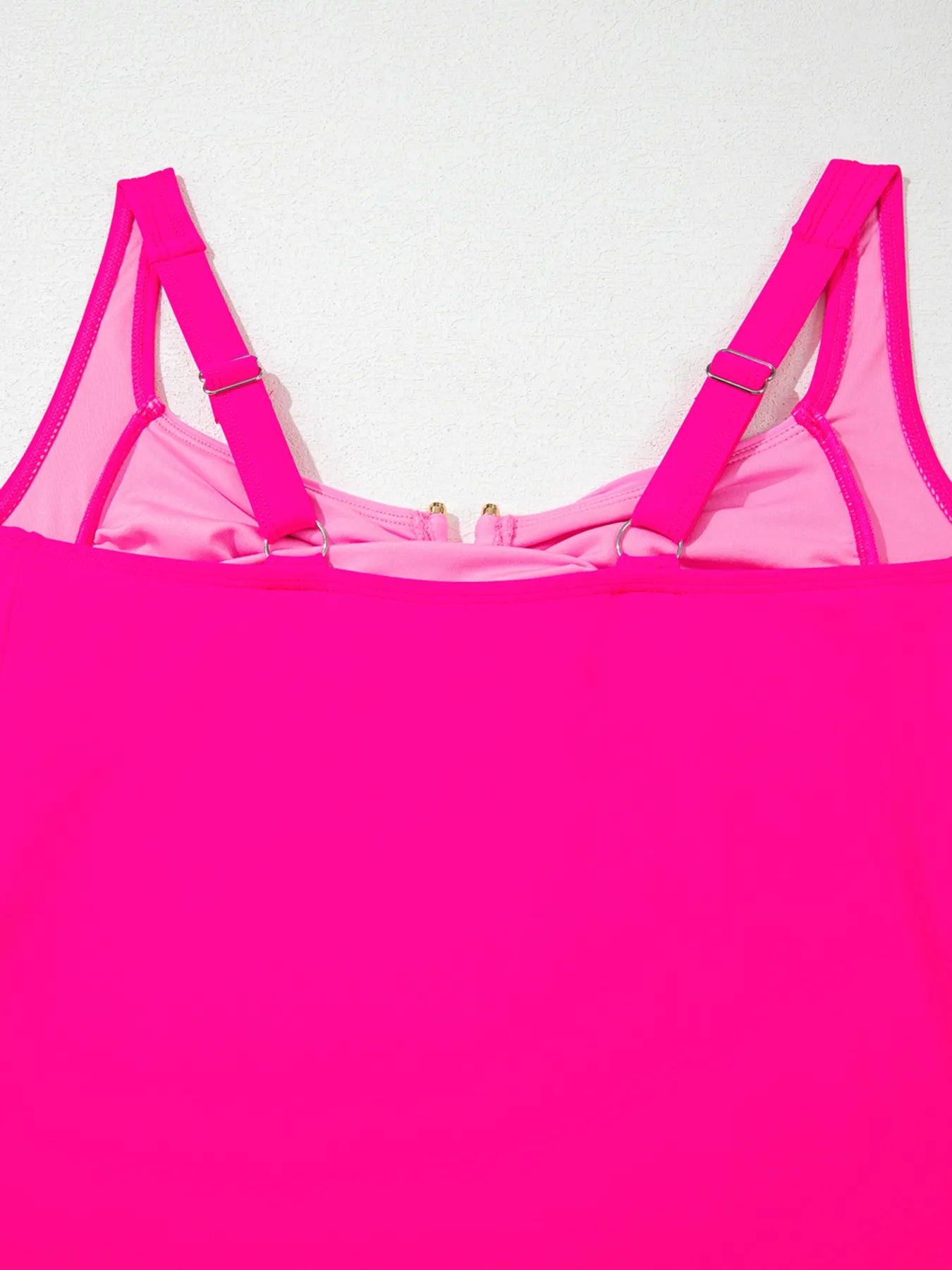 Fuchsia pink ruched tummy control tankini 2-piece swimsuit by Trendsi, featuring adjustable straps and supportive fit.