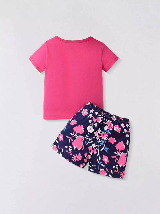 Children's floral sunglasses tee and shorts set in hot pink, stylish and comfortable for 2-3 year old girls.