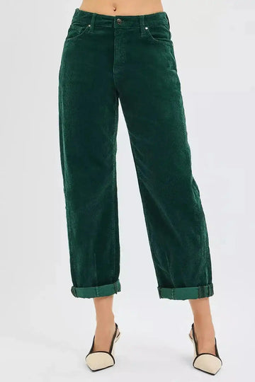 Hunter green Risen high-rise crop barrel corduroy pants from Trendsi, displayed on a hanger with visible texture and stitching.