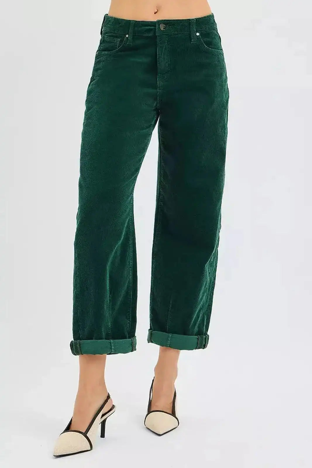 Hunter green Risen high-rise crop barrel corduroy pants by Trendsi, shown in a stylish high-angle view.