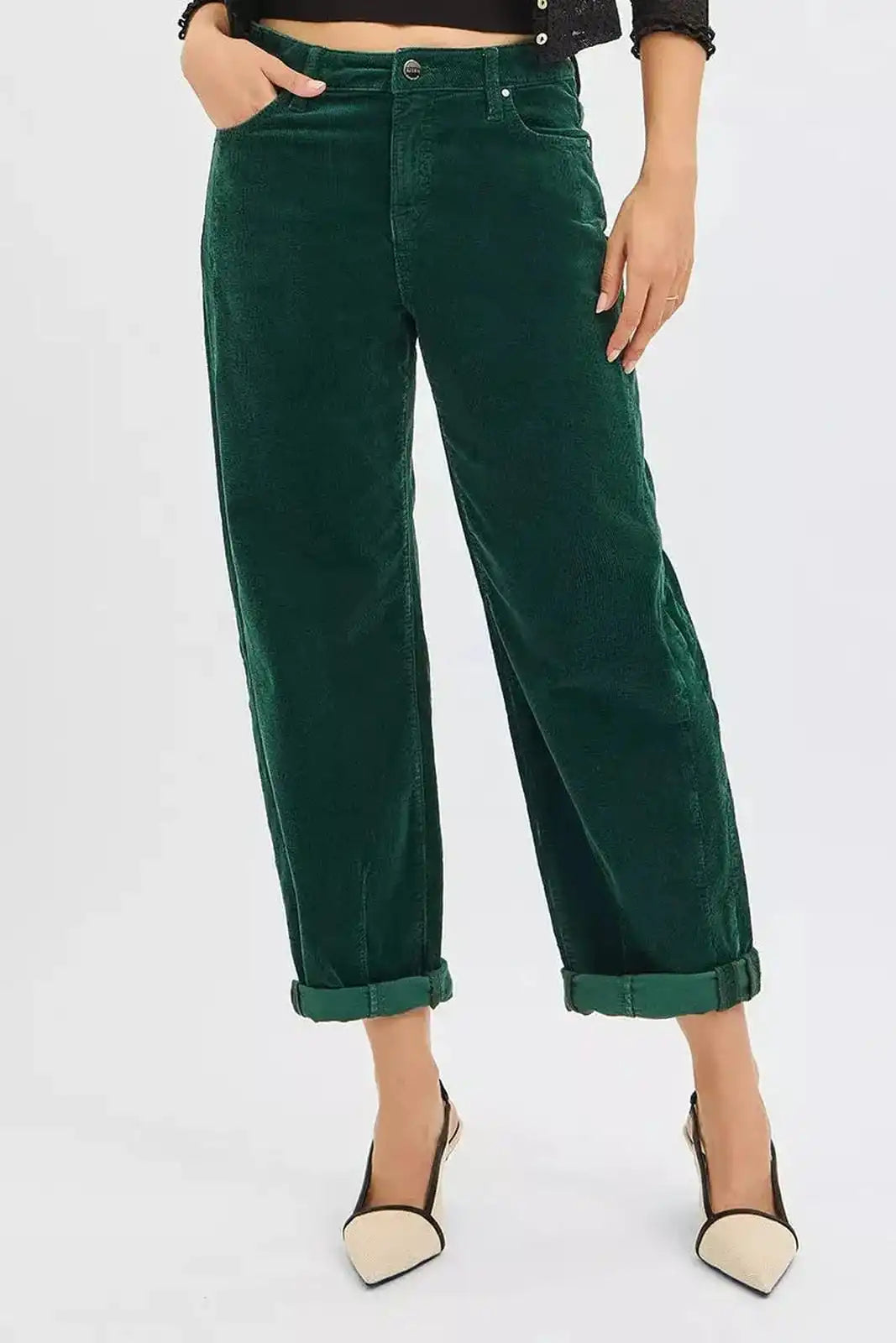 Hunter green Risen high-rise crop barrel corduroy pants by Trendsi, showing the textured fabric and relaxed fit.