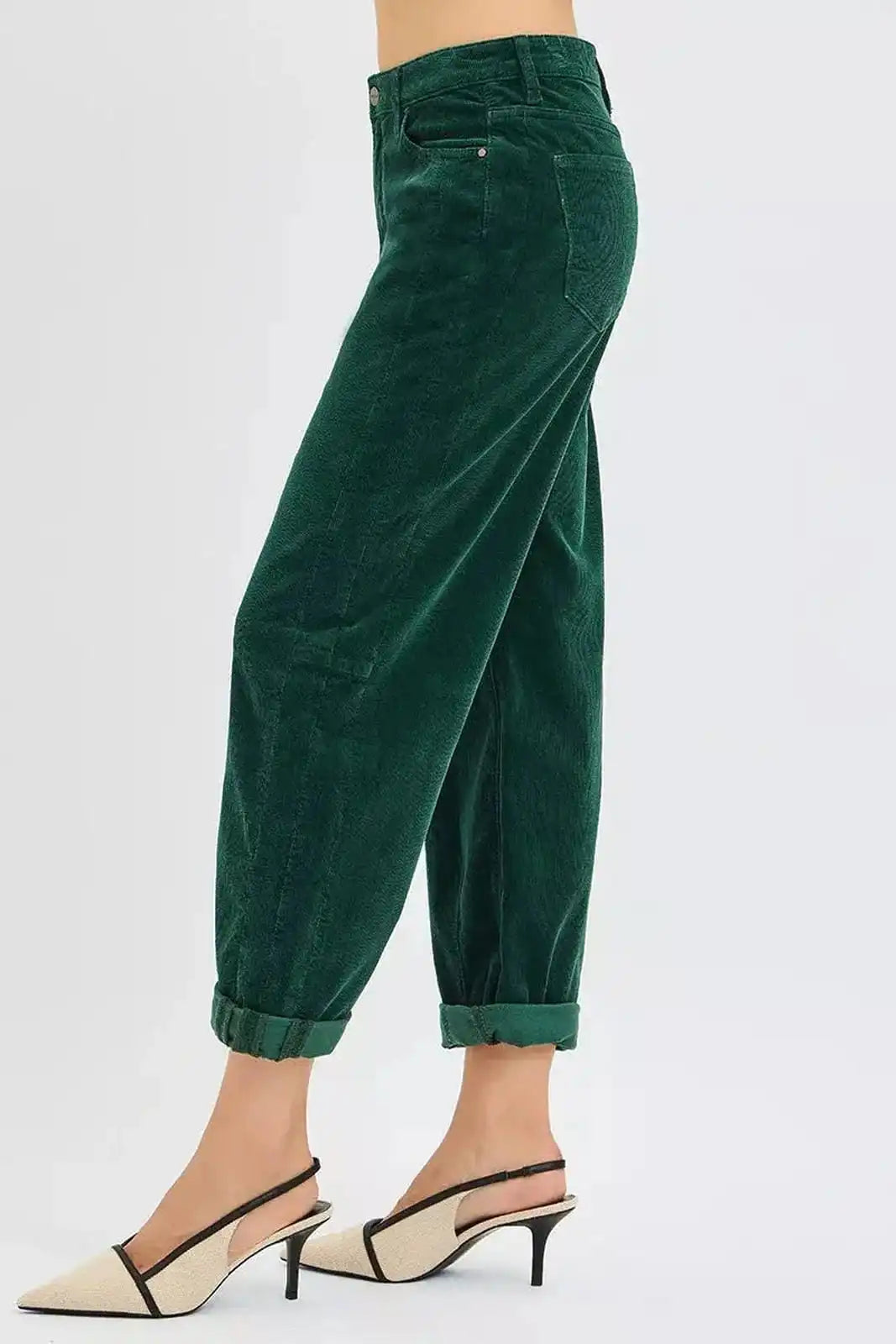 Hunter green Risen high-rise crop barrel corduroy pants by Trendsi, shown on a model with a close-up of the textured fabric.