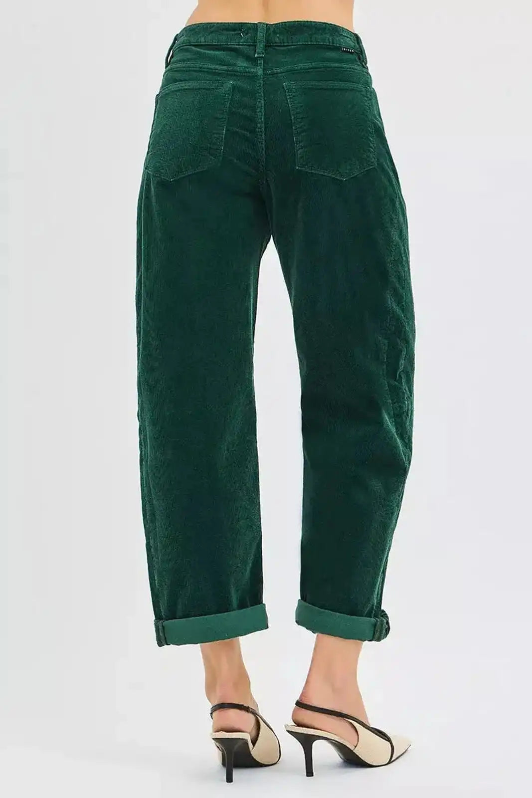 Hunter green Risen high-rise crop barrel corduroy pants by Trendsi, shown with a close-up of the textured fabric and stylish fit.