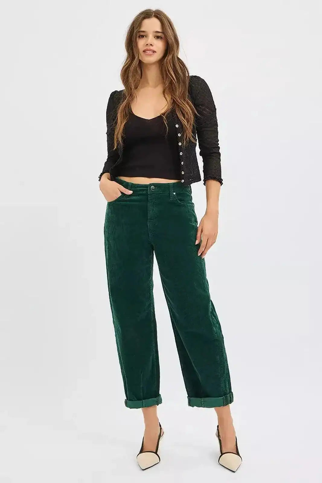Hunter green Risen high-rise crop barrel corduroy pants by Trendsi, shown on a model with a focus on fit and texture.