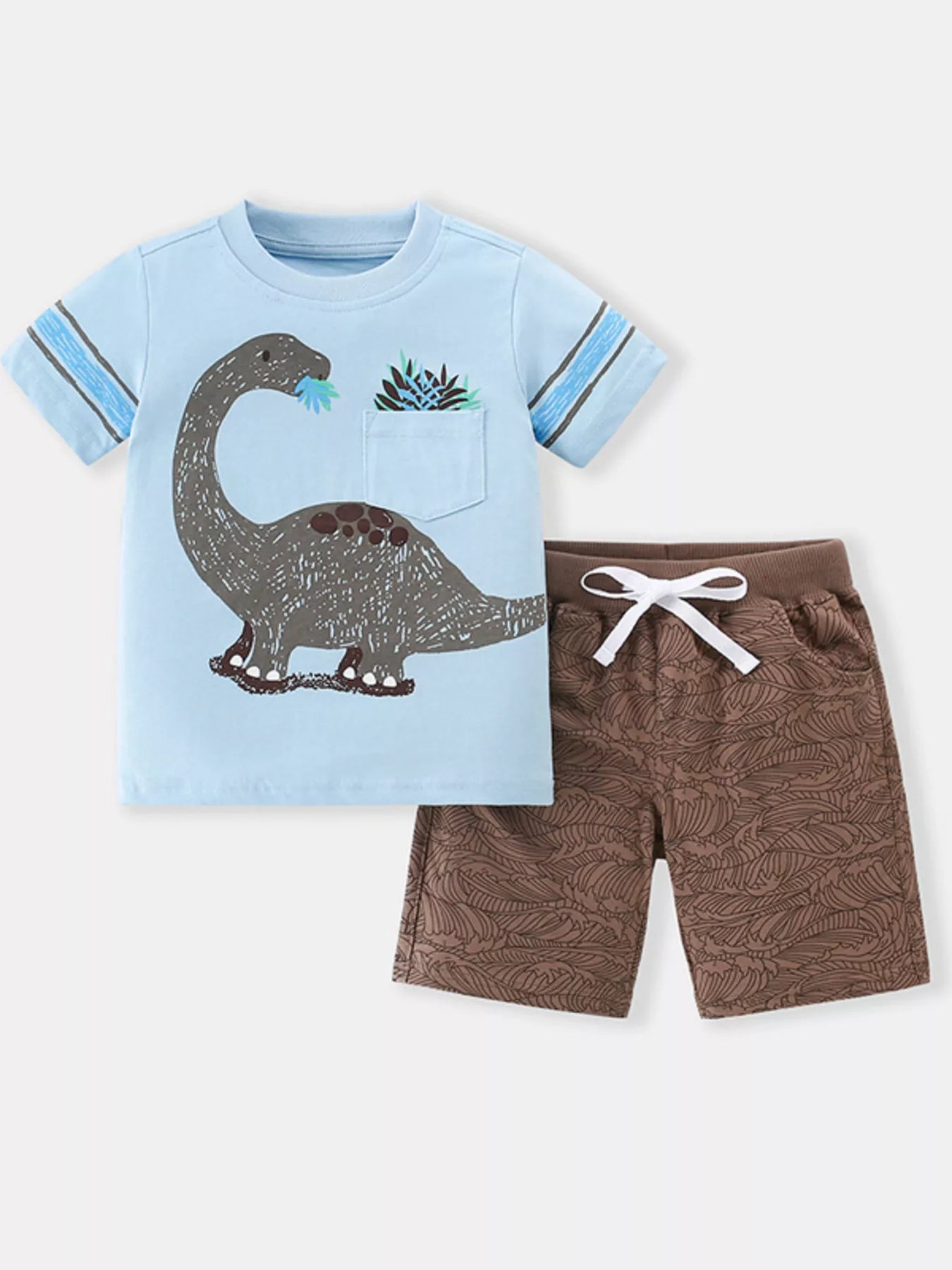 Light blue children's dinosaur round neck top and shorts set by Trendsi, perfect for casual wear for 3-year-olds.
