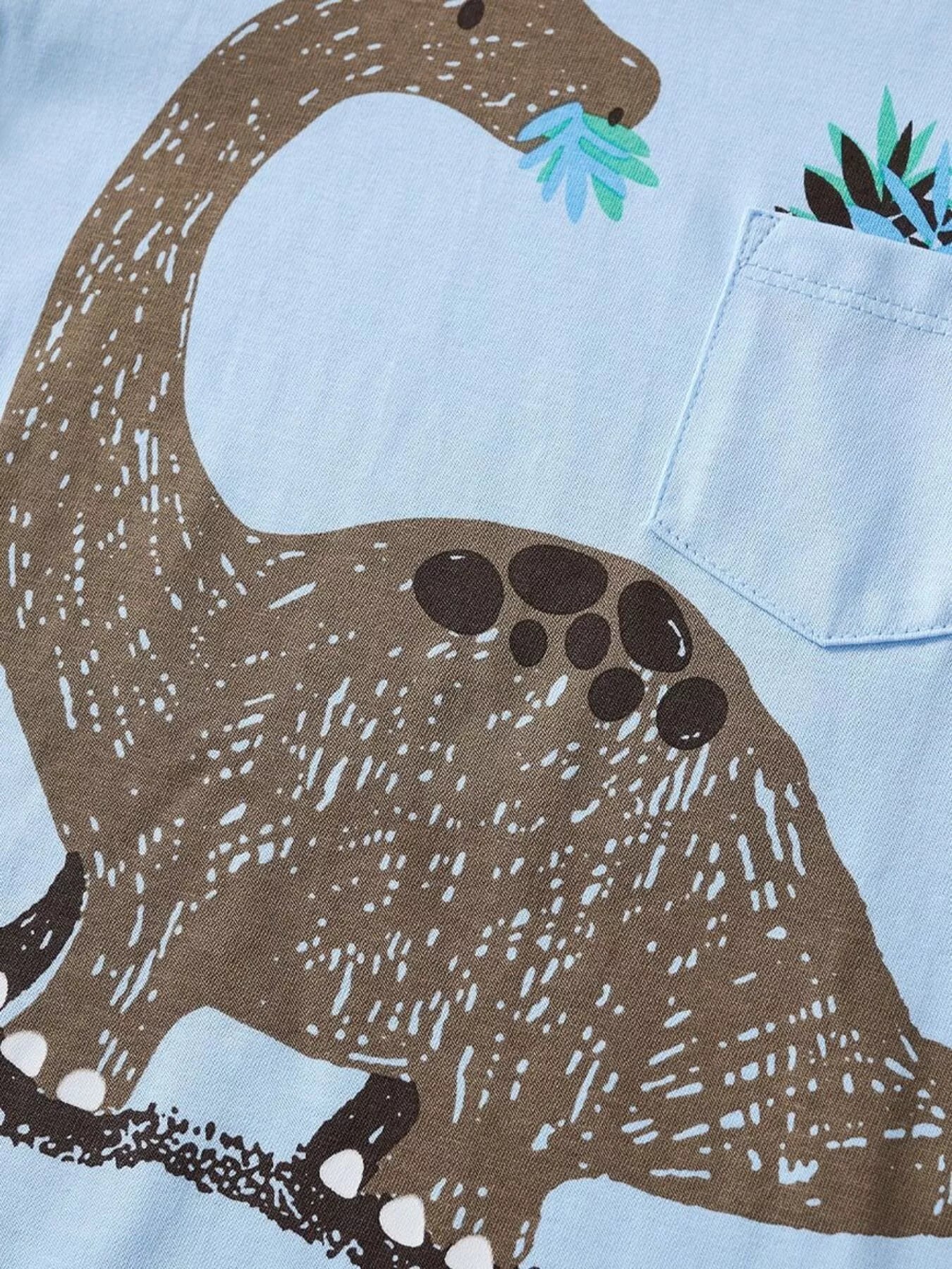 Light blue children's dinosaur round neck top and shorts set from Trendsi, perfect for casual wear and play.