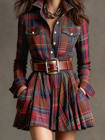 Plaid long sleeve shirt dress by Trendsi featuring a button-up front, collar, and relaxed fit in classic plaid pattern.