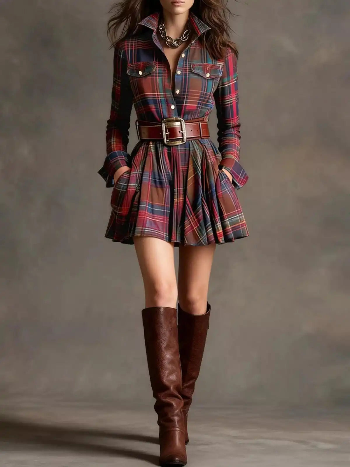 Plaid long sleeve shirt dress by Trendsi featuring a button-up front, collar, and a relaxed fit in classic plaid pattern.