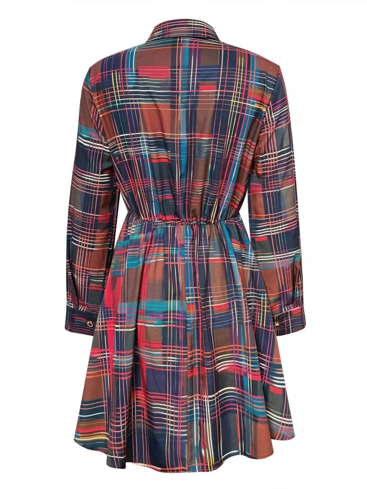 Trendsi plaid long sleeve shirt dress with button front, collar, and waist tie in classic red and black checkered pattern.