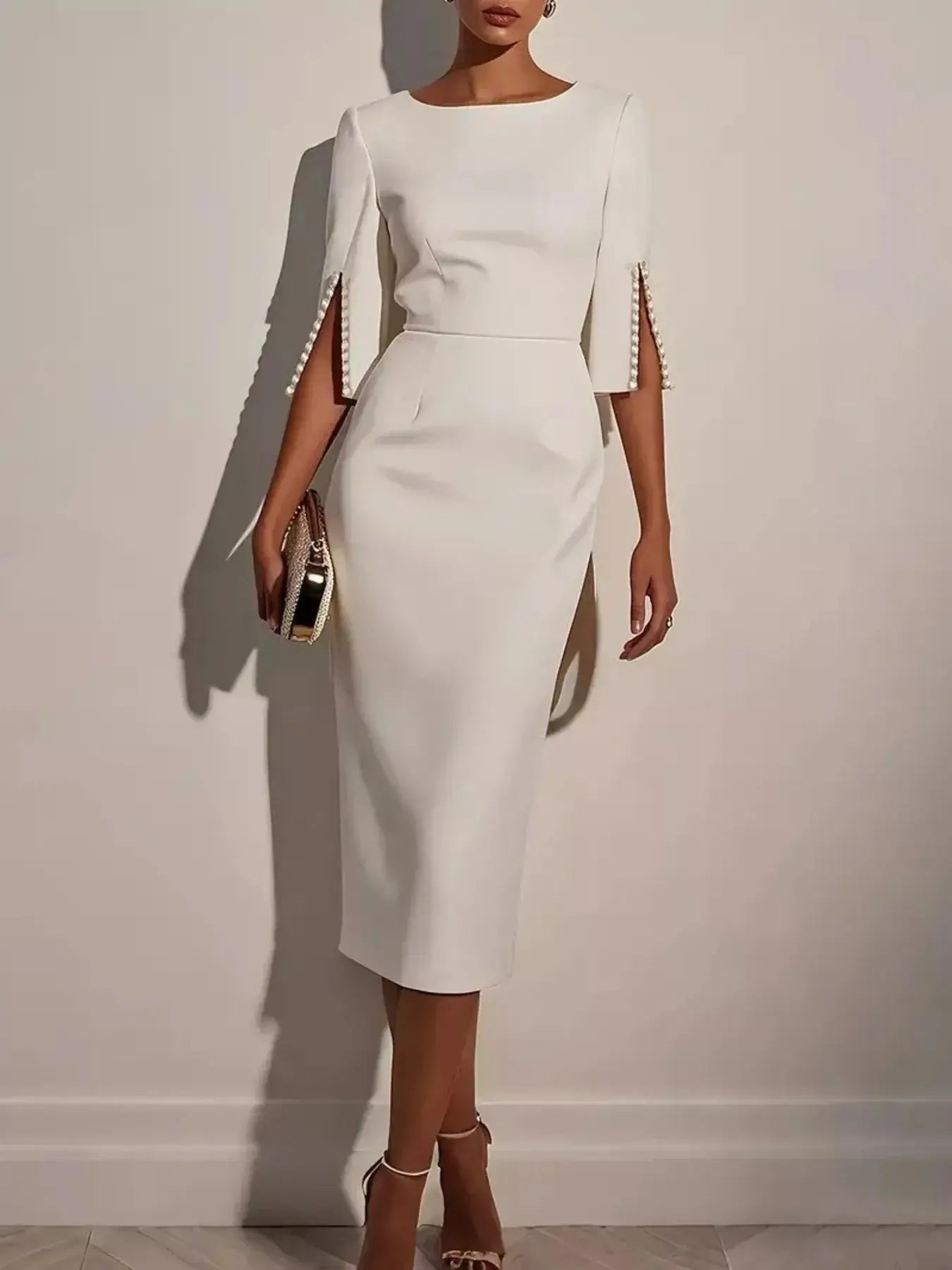 White slim-fit elegant midi dress with beaded slit sleeves, stylish and sophisticated for formal occasions.