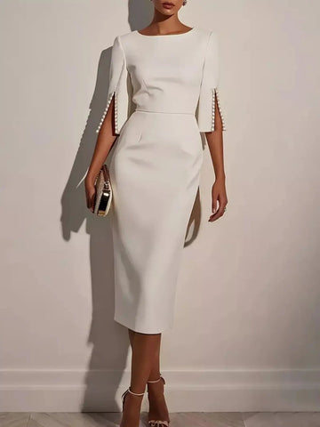 White slim-fit elegant midi dress with beaded slit sleeves, stylish and sophisticated for formal occasions.