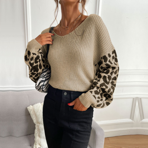 Womens V Neck Sweater With Leopard Print Sleeves Yellow Pandora